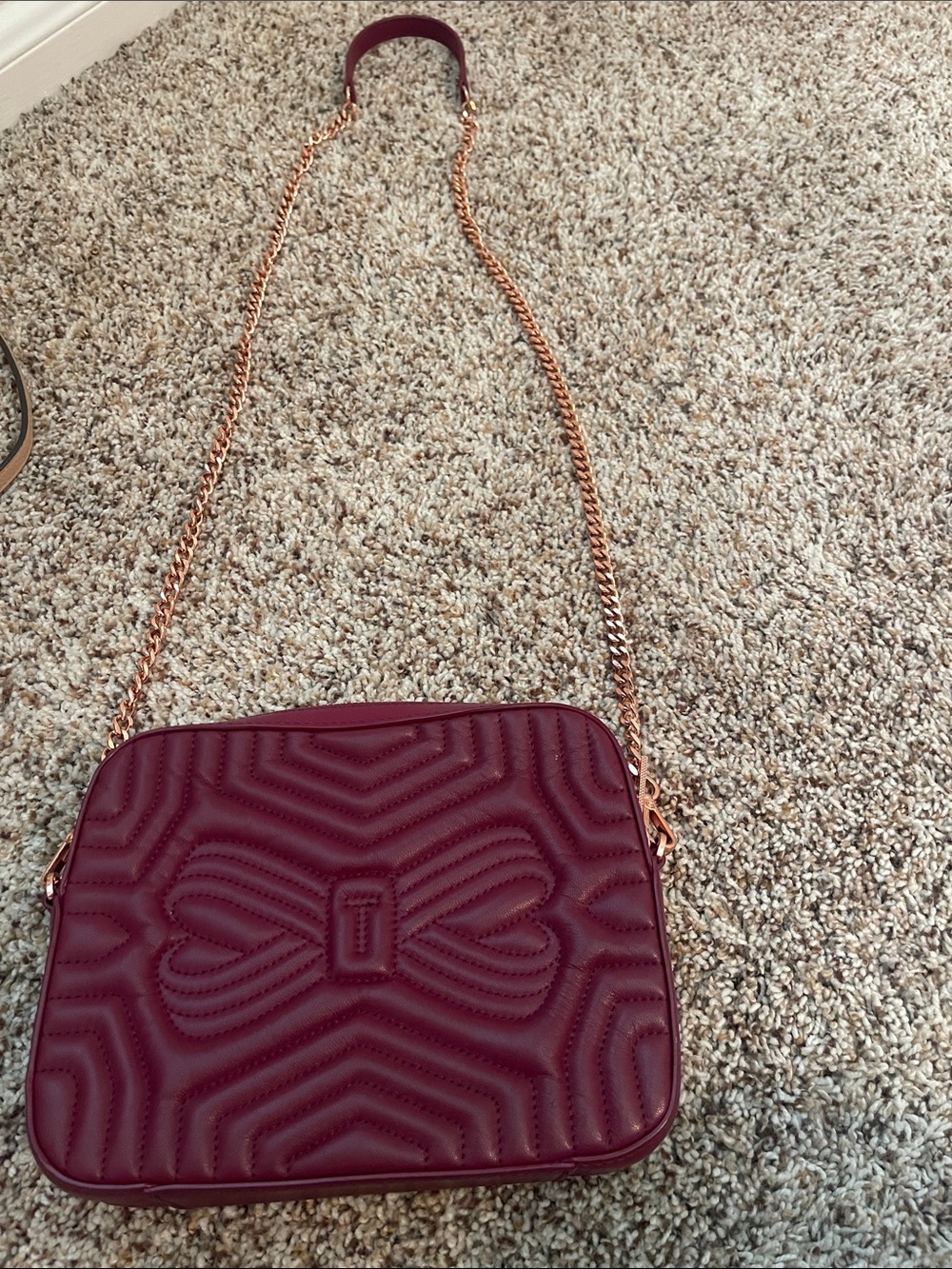 Ted Baker Quilted Burgundy Crossbody with Rose Gold Chain Strap